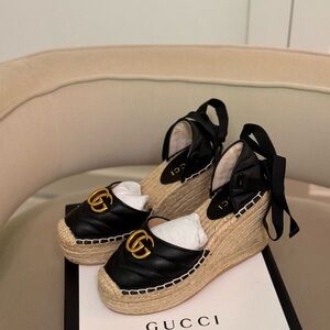 Gucci Black and Gold Espadrille Wedges